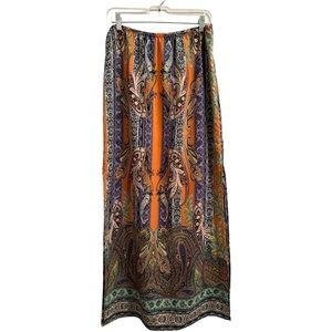 Tyche Maxi Skirt. Floral Paisley Stripes Slits on Sides, Orange, Purple. Large.